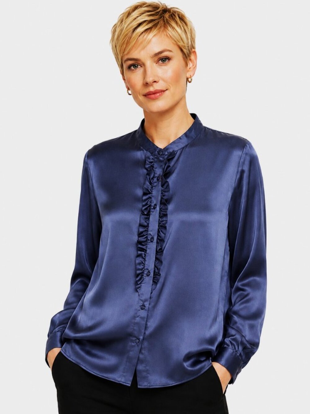Ines De La Fressange Navy Blue Ruffle Front Silk Long Sleeve Blouse NWT